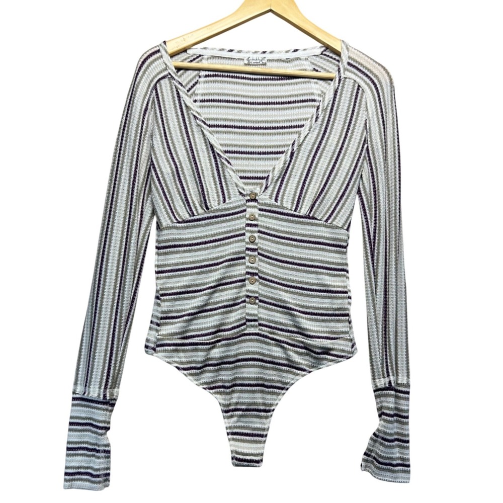 Free People Intimately Dylan Henley Bodysuit‎ Striped Button Front Long Sleeve S